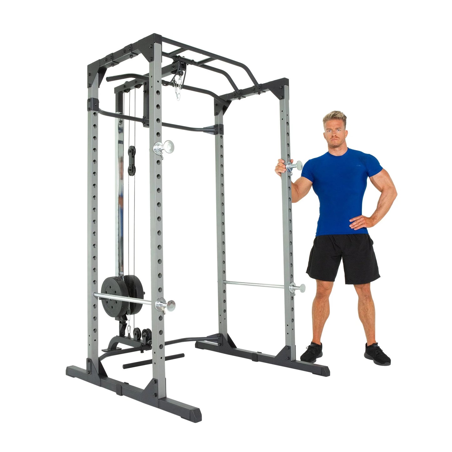 Professional Heavy-Duty Squat Rack Power Cage with J-Hooks and Lat Pulldown Attachment, 800 lb Capacity