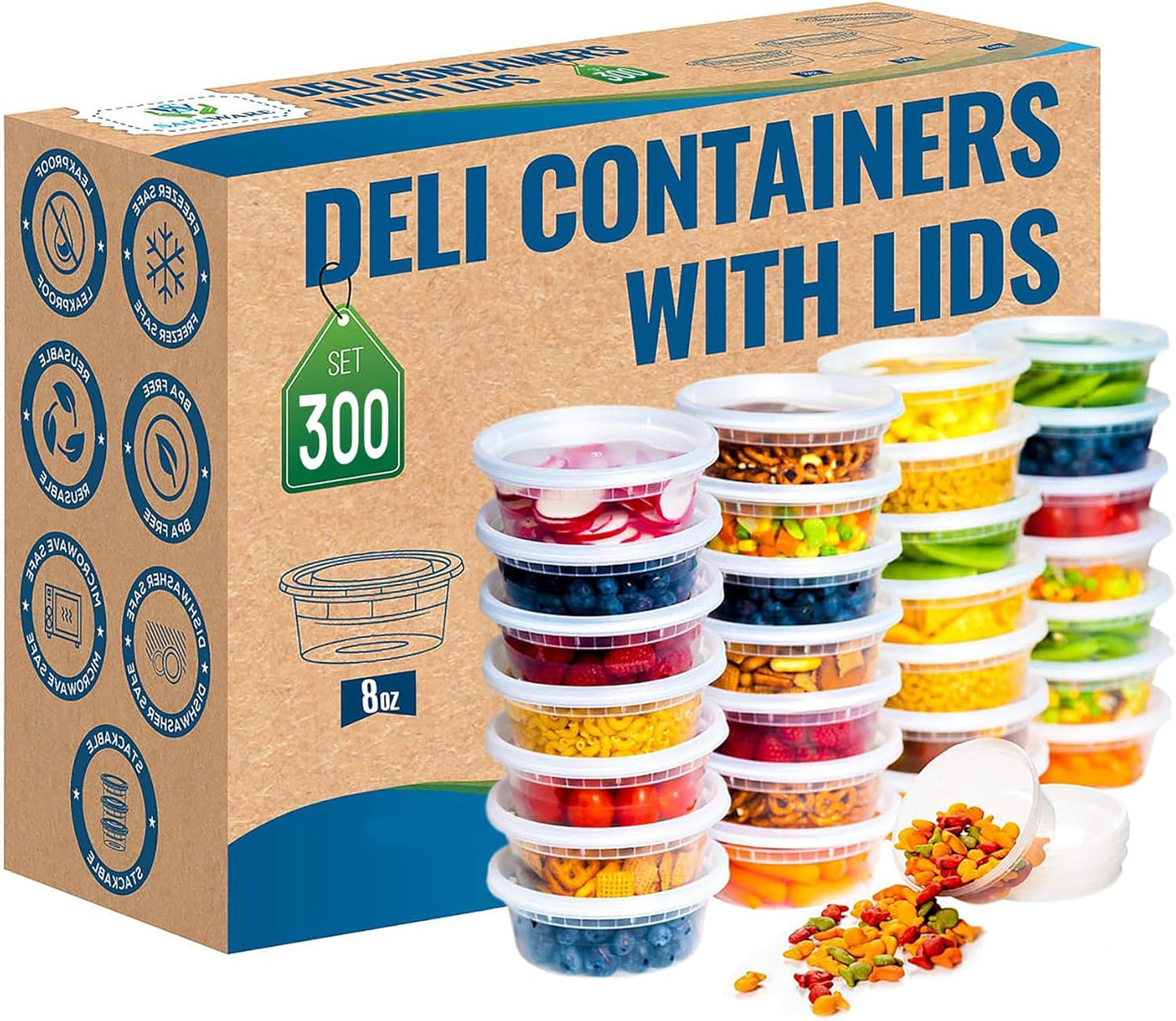 Deli Plastic Food Containers with Airtight Lids [50 Sets], Leakproof Slime Small Combo Pack [Reusable, Storage, Disposable, Meal Prep, Soup, Microwaveable & Freezer Safe] (8Oz)