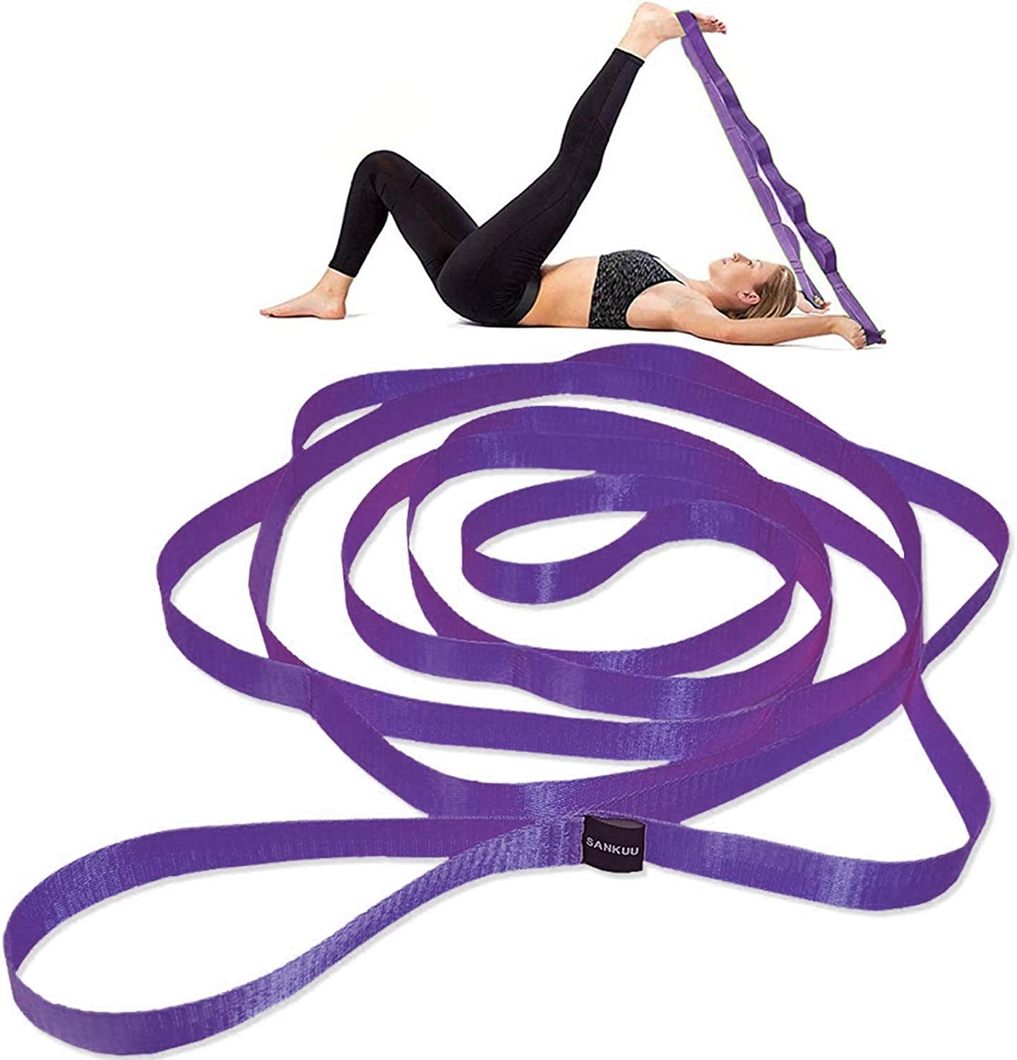 Yoga Stretching Strap with 12 Loops and Workout Poster for Physical Therapy, Pilates, and Gymnastics - Ideal for Men and Women