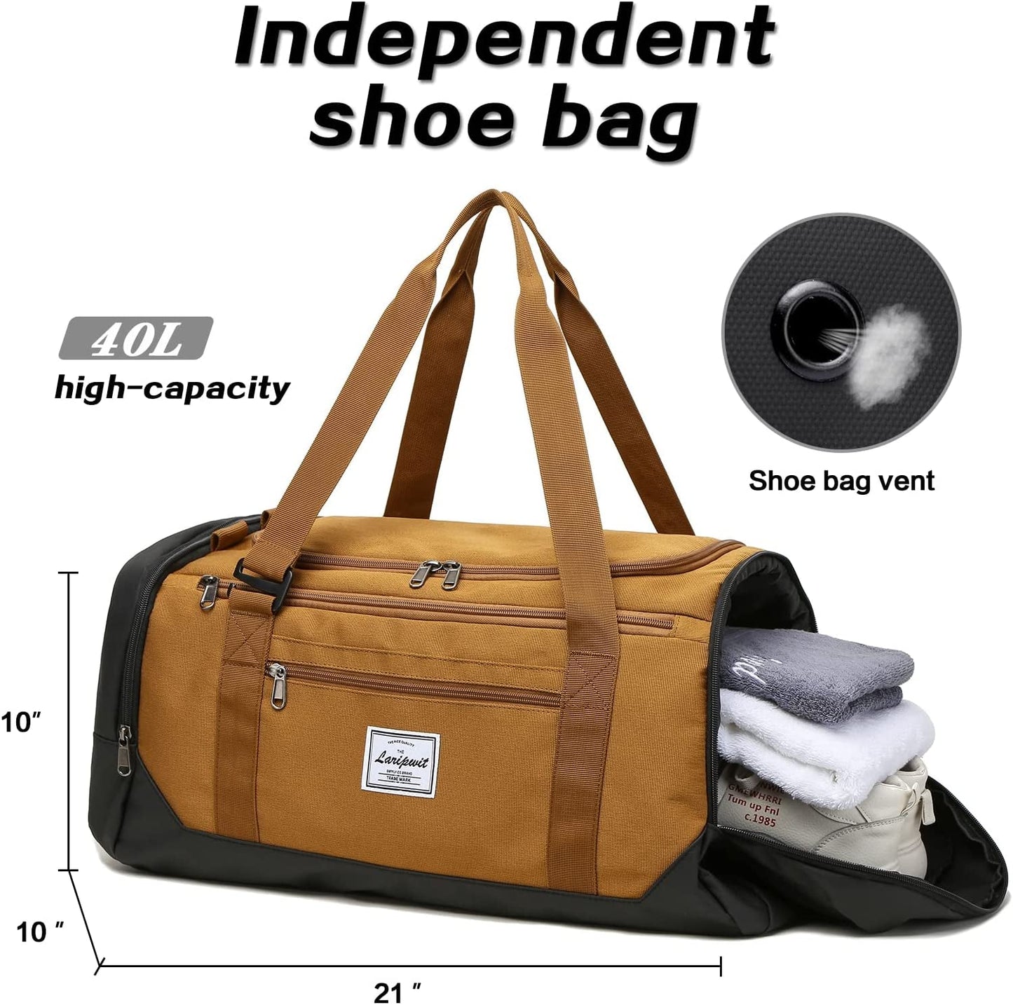 Versatile 40L Travel Duffle Bag for Men & Women - Medium Sports Gym Bag with Wet Pocket & Shoe Compartment - Perfect Weekender & Overnight Backpack in Stylish Brown