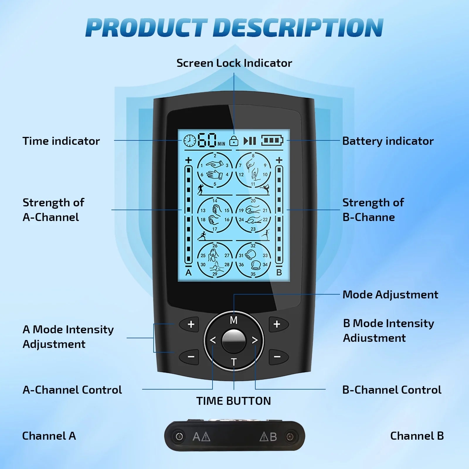 TENS Unit Muscle Stimulator - Rechargeable & Portable Dual Channel EMS Back Massager with 36 Modes & 10 Replacement Pads