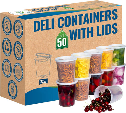 Deli Plastic Food Containers with Airtight Lids [50 Sets], Leakproof Slime Small Combo Pack [Reusable, Storage, Disposable, Meal Prep, Soup, Microwaveable & Freezer Safe] (8Oz)