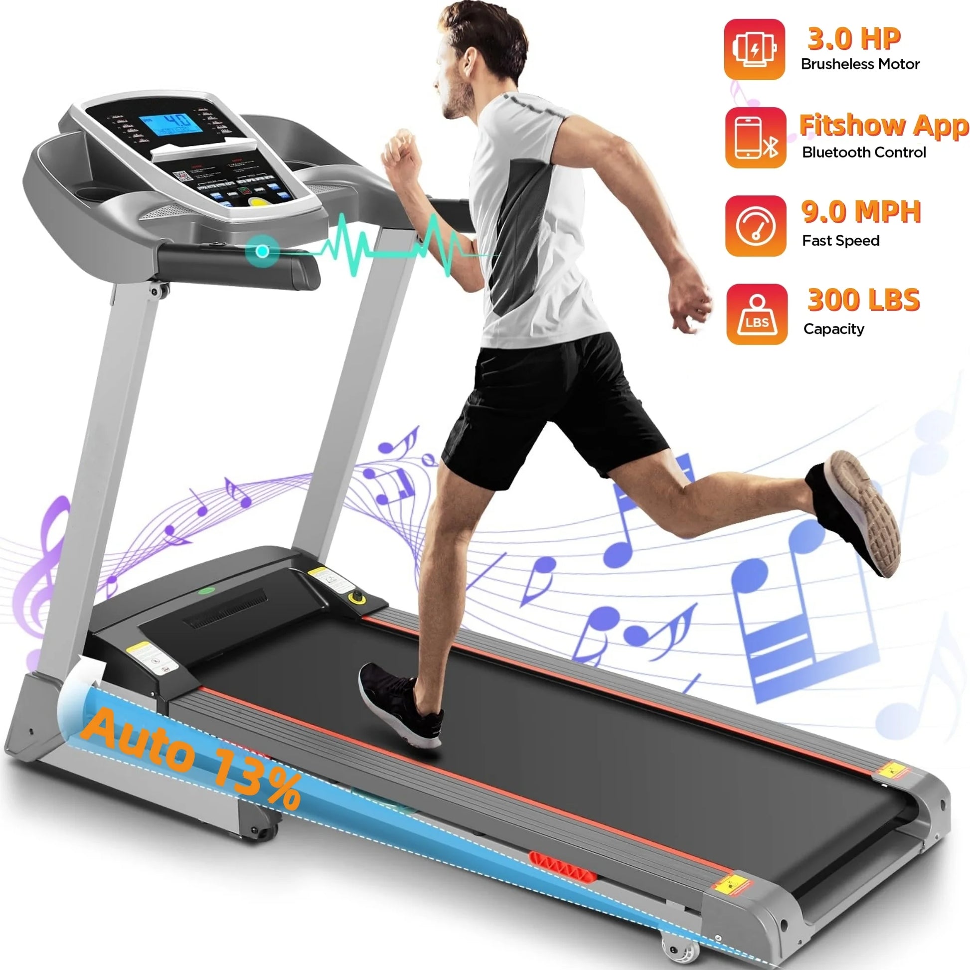 3.0HP Smart Folding Treadmill with App Control, 13-Level Automatic Incline, 300 lbs Weight Capacity, Shock Absorption System, and Maximum Speed of 9 MPH for Home and Office Use