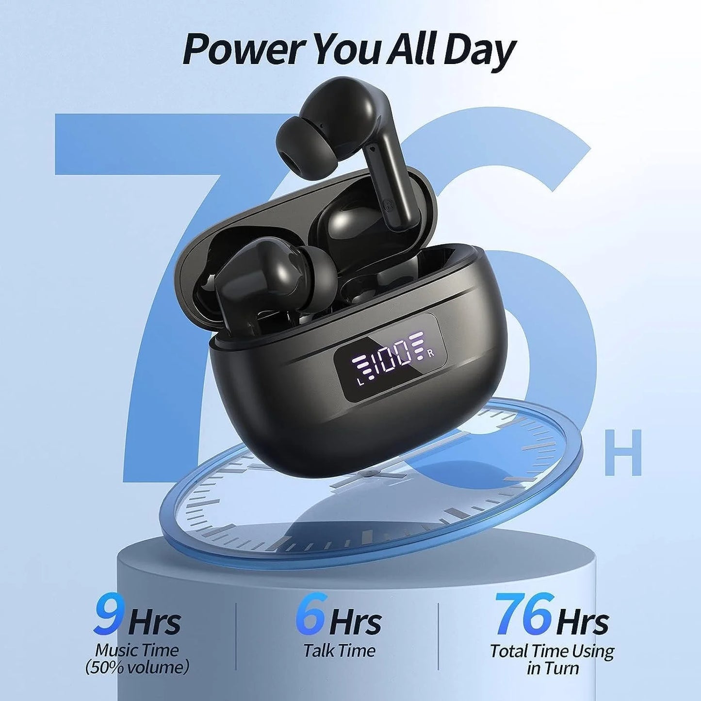 Wireless Bluetooth Earbuds with 76 Hours Playback, Noise Cancellation, Clear Call Quality, Power Display, Portable Charging Case, Lightweight, IPX7 Waterproof, Compatible with Android and iOS