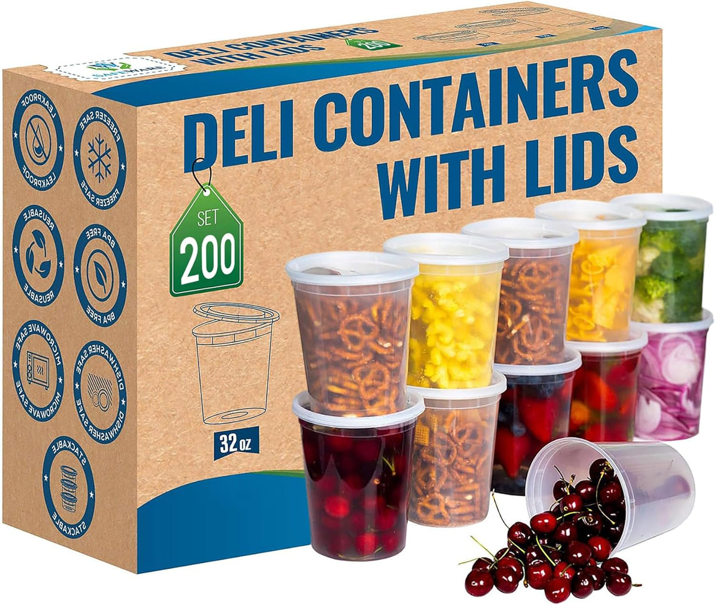 Deli Plastic Food Containers with Airtight Lids [50 Sets], Leakproof Slime Small Combo Pack [Reusable, Storage, Disposable, Meal Prep, Soup, Microwaveable & Freezer Safe] (8Oz)