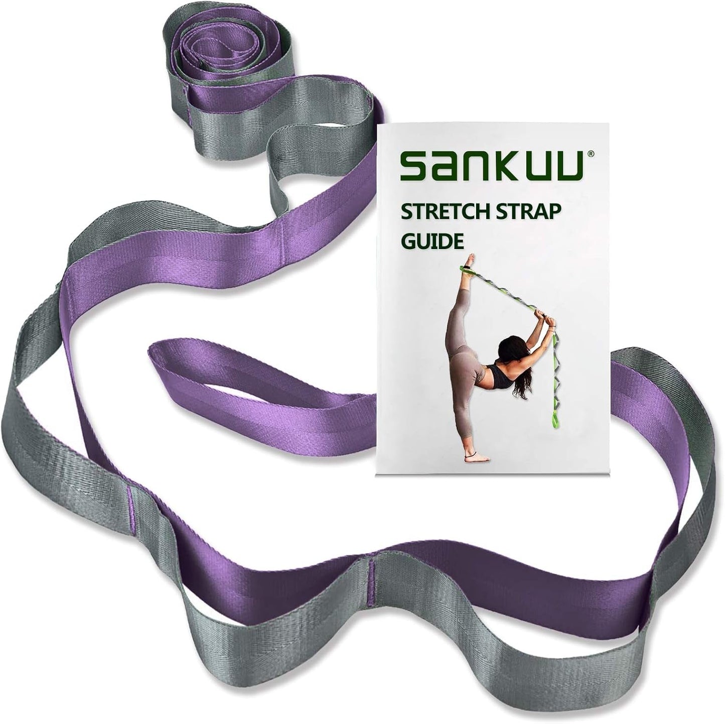 Yoga Stretching Strap with 12 Loops and Workout Poster for Physical Therapy, Pilates, and Gymnastics - Ideal for Men and Women