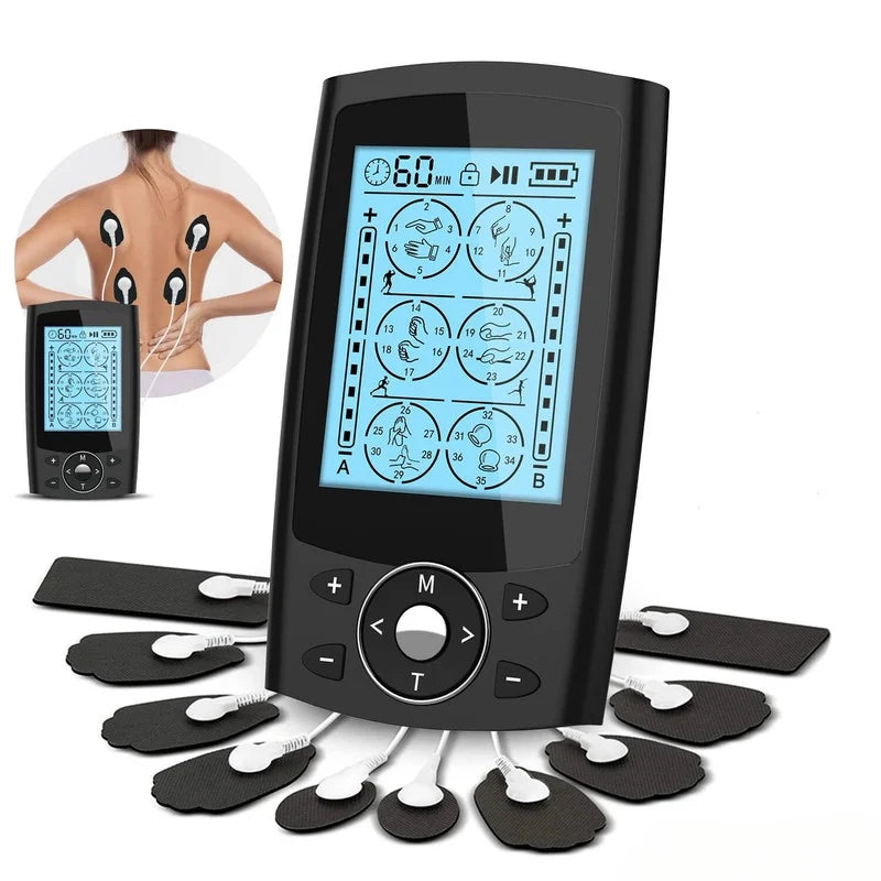 TENS Unit Muscle Stimulator - Rechargeable & Portable Dual Channel EMS Back Massager with 36 Modes & 10 Replacement Pads