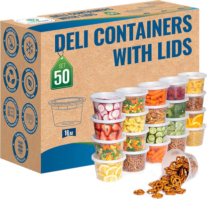 Deli Plastic Food Containers with Airtight Lids [50 Sets], Leakproof Slime Small Combo Pack [Reusable, Storage, Disposable, Meal Prep, Soup, Microwaveable & Freezer Safe] (8Oz)